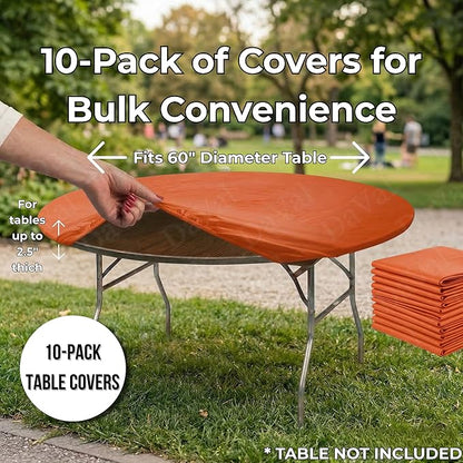Kwik-Covers 10 Pack of Round Plastic Table Covers - 60" or 72" Round - Indoor or Outdoor Fitted Covers (Tables NOT Included) (Orange, 60" Round)
