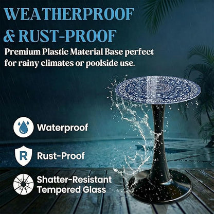 Simmer Stone 13.4" Outdoor Side Table, Round Patio Bistro Table Printed Tempered Glass Top, Waterproof Rust-Proof Base, Small Plant Stand for Balcony, Garden, Deck, 21.6" H (Blue Maze)