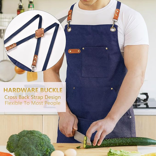 Aoomzoon Canvas Aprons for Men Chef Apron, Work Apron with Large Pockets - 16oz Heavy Duty Cross Back, BBQ, Cooking