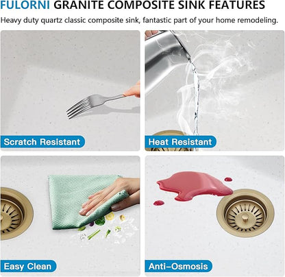 33"x19" Granite Composite Kitchen Sink - White Undermount Ledge Workstation Quartz Classic Luxury Under Counter Single Bowl Sink Basin