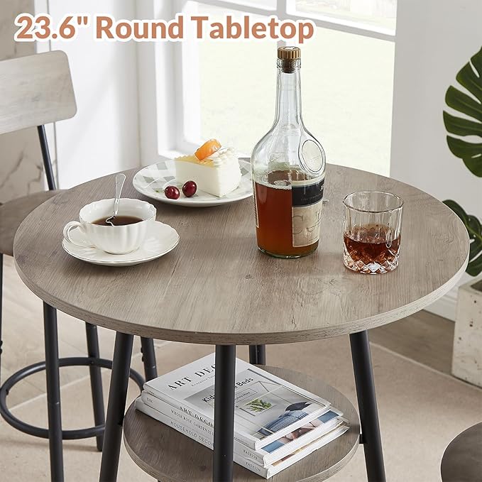Zevemomo 3 Pieces Round Bar Table Set, Small Dining Table for 2, Breakfast Table with Storage, Modern Kitchen Bar Table, 2 Upholstered Stools with Backrest for Kitchen, Dining Room & Bistro-Grey