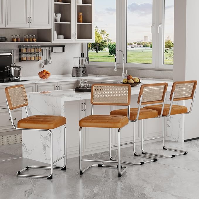 Alunaune 24inch Mid Century Brown Bar Stools Set of 2, Natural Rattan Counter Height Bar Stools Kitchen Chairs Modern Side Dining Chairs-PU Seat