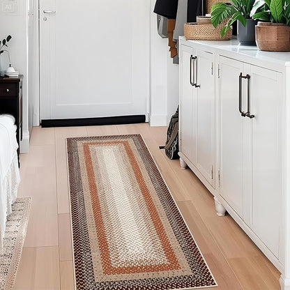 Imitation Braided Collection-Print Washable Runner Rug 2x8 Non Slip Bathroom Rug Bordered Soft Farmhouse Throw Rugs Kitchen Runner Stain Resistant Carpet for Hallway Entryway Rugs