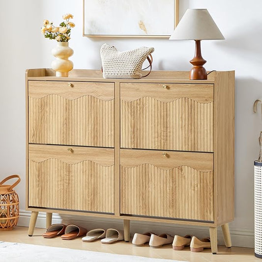 BERRYMERRY 47.2” Shoe Storage Cabinet for Entryway with 4 Flip Drawers, Narrow Shoe Organizer with Wave&Fluted Panel, Freestanding Wood Hidden Shoe Cabinet for Hallway