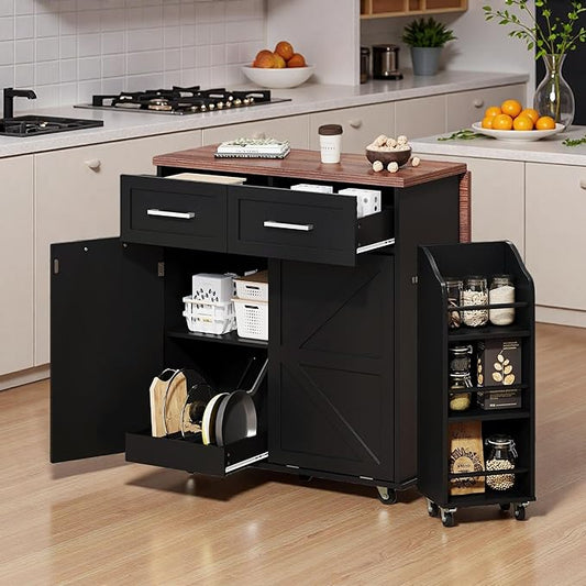 47.2" Kitchen Island with Drop Leaf, Portable Kitchen Cart with Trash Storage Cabinet & Removable Side Racks, 2 Drawers, Rolling Island Table on Wheels with Towel Rack, Black