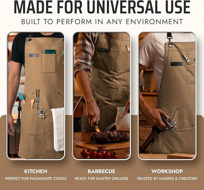 Asaya Chef and BBQ Apron with Bottle Opener and Hand Towel - 10oz Cotton Canvas, Stainless Steel Hardware - Cross Back Straps