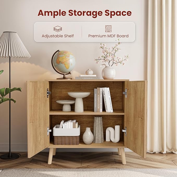 Pamapic Fluted Storage Cabinet, Sideboard Buffet Cabinet with Storage, Wood Credenza with Adjustable Shelves, Modern Accent Cabinet for Living Room, Kitchen, Entryway, Natural(2, Natural)