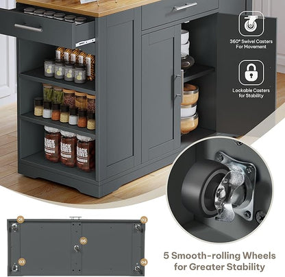 DWVO Large Kitchen Island with Trash Can Cabinet, 53 Inch Kitchen Island on Wheels, Rolling Island with Tilt-Out Garbage Storage Fits 13 Gallon Bin, Spice Rack and Drawer, for Dining Room, Gray