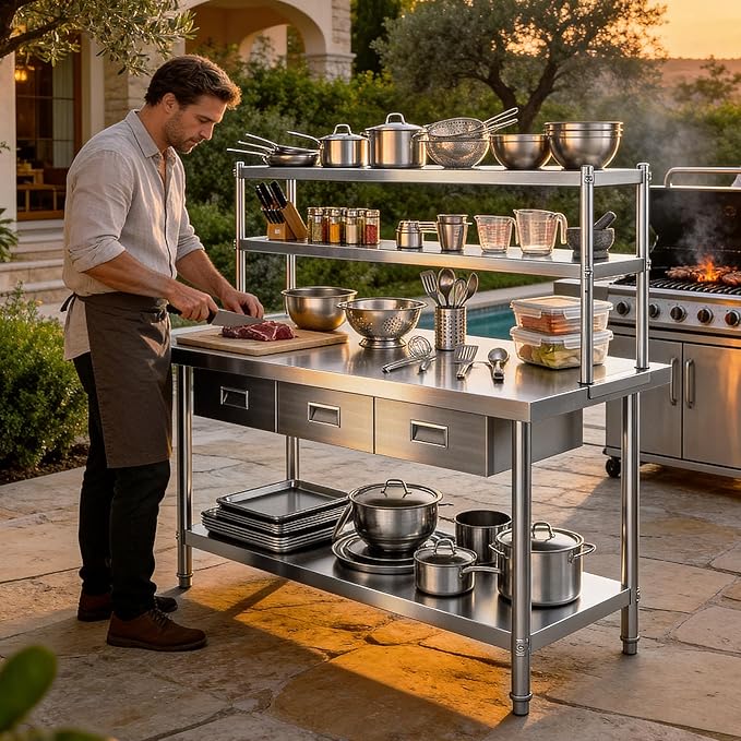 DWVO 72x24in Stainless Steel Table, NSF Metal Prep Worktable with Adjustable Overshelf & 3 Drawers for Kitchen Restaurant Hotel Garage Warehouse Home