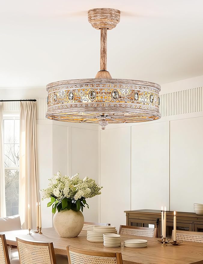 Farmhouse Chandelier Ceiling Fan with Light,Rustic Distressed Wood-Look Caged Bladeless Fandelier,Country Cottage Crystal Drum Light Fixture,Hanging/Flush Mount for Bedroom,Dining Room,Kitchen Island