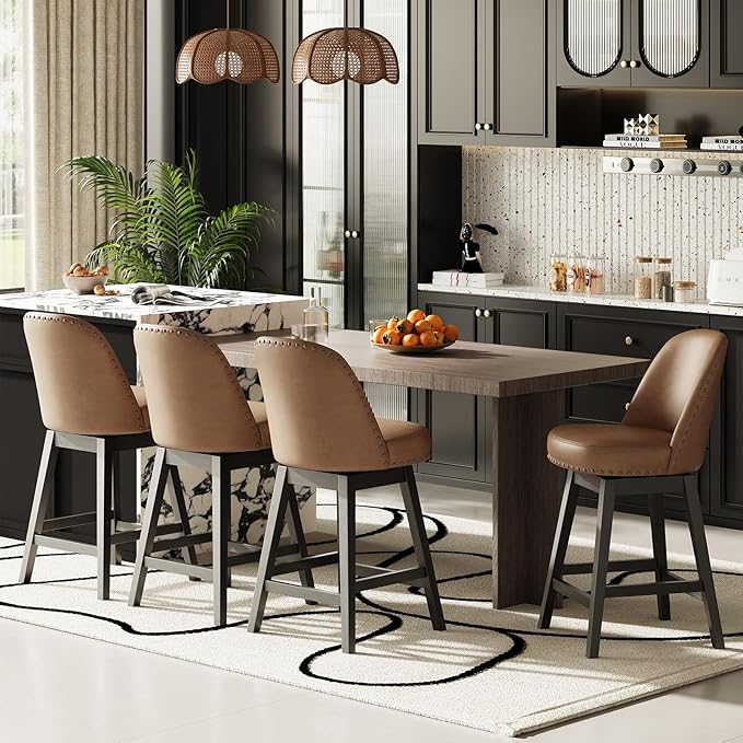MALOL Swivel Bar Stools Set of 2, PU Leather Mid Century Mondern Barstools, 26 inch Counter Height Bar Chairs with Solid Back and Wood Legs, for Kitchen Island，Brown