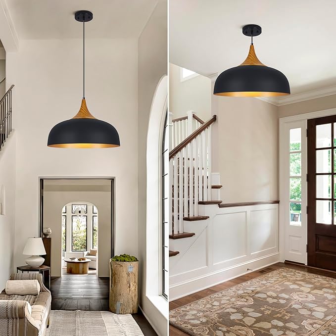 Black Farmhouse Dome Pendant Light 17.7" Large Vintage Pendant Light Fixtures Hanging Wooden Pendant Lighting for Kitchen Island Dining Room Living Room Foyer Hallway