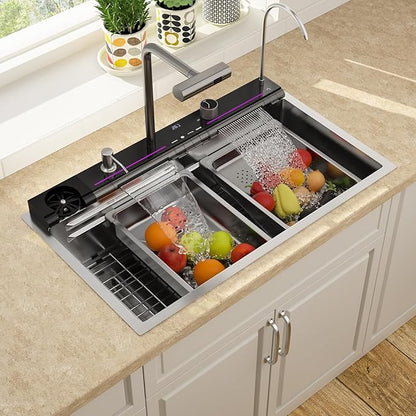 Lordear Drop In Kitchen Sink, 33 inch Waterfall Sink 16 Gauge Stainless Steel, Above Counter Smart Kitchen Sinks, Single Bowl with Integrated Faucet for High-Efficiency Cleaning