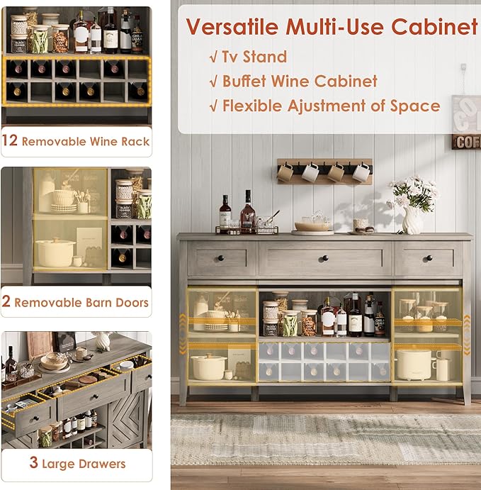 CABIHOME Farmhouse 59'' Buffet Cabinet with Sliding Barn Door, 33.4'' Tall Wood Rustic Sideboard with 3 Drawer, Adjustable Shelf and Removable Wine Rack for Dining Room, Kitchen, Living Room, Vintage