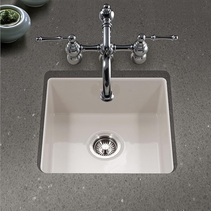 Houzer PTB-2020 BQ Platus 20 Inch Fireclay Bar Sink, Undermount, Square Single Bowl, Non Porous Surface Impervious to Cracks and Chips, Biscuit