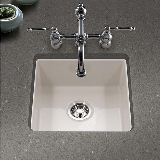 Houzer PTB-2020 BQ Platus 20 Inch Fireclay Bar Sink, Undermount, Square Single Bowl, Non Porous Surface Impervious to Cracks and Chips, Biscuit