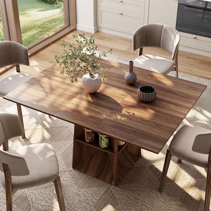 40"-54" Square Extendable Dining Table for 4/6/8, Modern Kitchen Table with Storage Shelf & Foot Support, Wood Dining Table for Living Room, Kitchen, Space Saving, Walnut