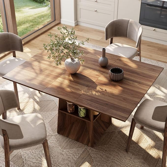 40"-54" Square Extendable Dining Table for 4/6/8, Modern Kitchen Table with Storage Shelf & Foot Support, Wood Dining Table for Living Room, Kitchen, Space Saving, Walnut