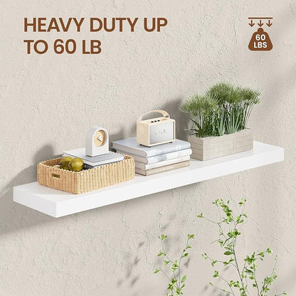 Heimlove Wooden Floating Shelves for Wall, White Pine Shelves Set of 2, 36 in Rustic Wood 8 Inch Deep Floating Shelf with Invisible Brackets for Bedroom Kitchen Living Room - Classic White