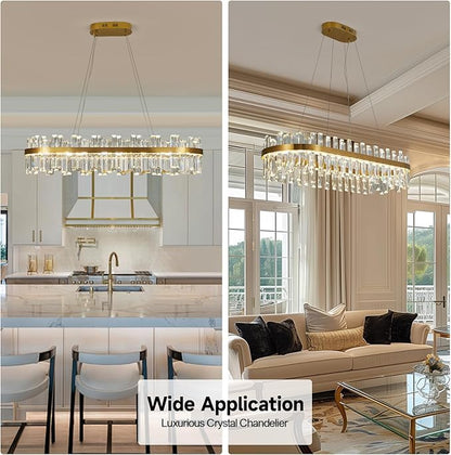 Modern Gold Crystal Led Chandelier: 39.3" Rectangular 3 Color K9 Living Room Dimmable Chandeliers - Luxury Rectangle Linear Crystals Contemporary Oval Light Fixture for Bedroom Entryway with Remote