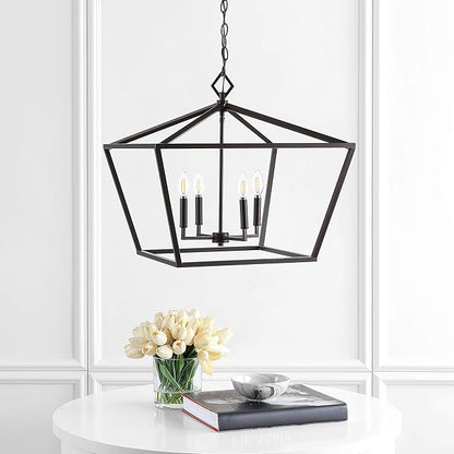 JONATHAN Y 23" Oil Rubbed Bronze 4-Light Rustic Glam Adjustable Iron LED Pendant, Open Cage Lantern Hanging Light for Dining Room, Kitchen Island, Foyer, Farmhouse French Country (JYL7520B)