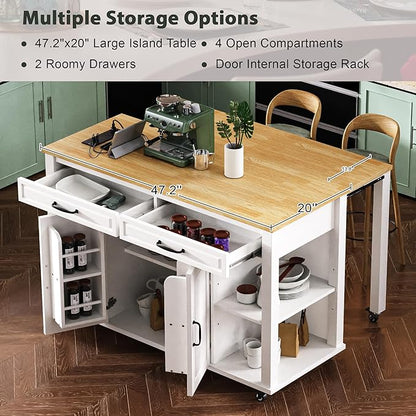 GOWE K&K 47 inch Kitchen Island with Extendable Dining Table, Rubber Wood Veneer Kitchen Table with Internal Storage Rack, Power Outlet, Kitchen Island with Storage 2 Drawers 2 Cabinet,White