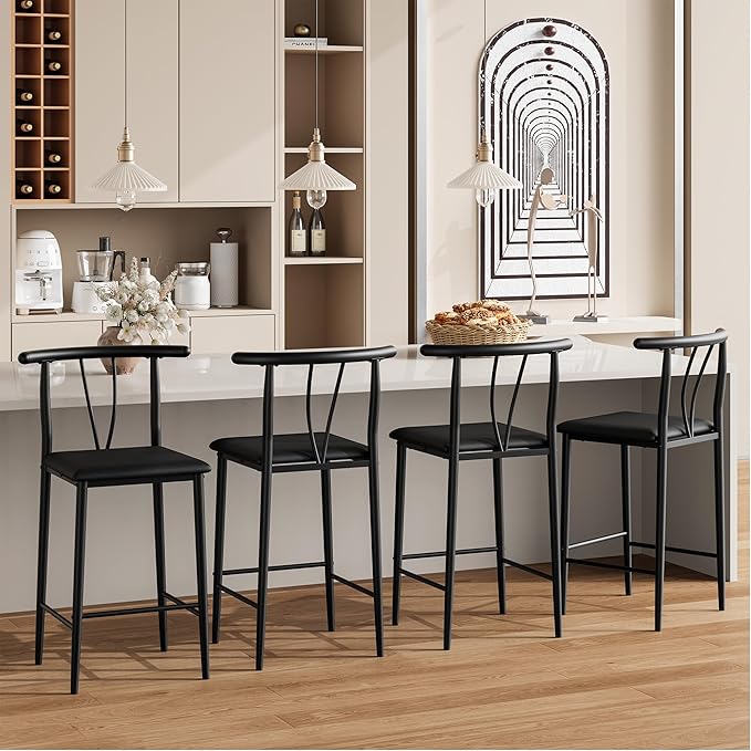 IDEALHOUSE 25.2" Bar Stools Set of 4 with Wide PU Upholstered Seat, Counter Height Bar Stools Set with Footrest & Curved Back, Metal Barstools Set for Kitchen Islands, Counter Bars, Black