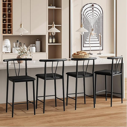 IDEALHOUSE 25.2" Bar Stools Set of 4 with Wide PU Upholstered Seat, Counter Height Bar Stools Set with Footrest & Curved Back, Metal Barstools Set for Kitchen Islands, Counter Bars, Black