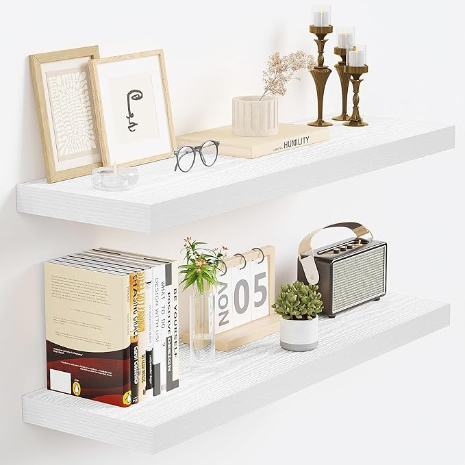 Vivelove White Floating Shelves for wall, 24 Inch Wall Display Shelves with Invisible Brackets, for Bathroom Living Room Kitchen Bedroom Office Farmhouse Home Decor, 24X9.3X1.5 - Set of 2, White