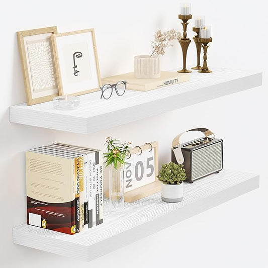 Vivelove White Floating Shelves for wall, 24 Inch Wall Display Shelves with Invisible Brackets, for Bathroom Living Room Kitchen Bedroom Office Farmhouse Home Decor, 24X9.3X1.5 - Set of 2, White