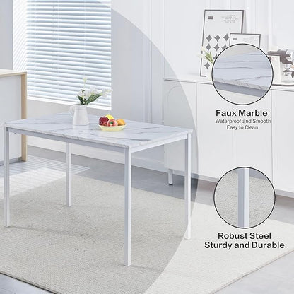 47 Inches White Faux Marble Dining Table for 2-4 People, Modern Rectangular Kitchen Table for Dinner Table for Dinner（MDF Top with Metal Legs and Frame