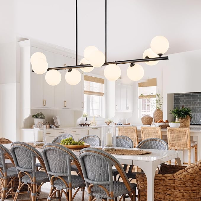 Linear Chandeliers for Dining Room,11 Light Globe Sputnik Chandelier with Milk White Glass 51inch Black Dining Room Light Fixture, Large Modern Chandelier for Kitchen Island