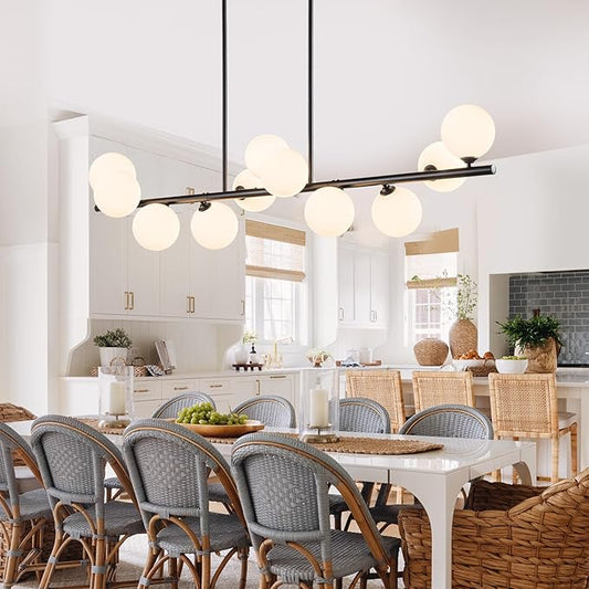 Linear Chandeliers for Dining Room,11 Light Globe Sputnik Chandelier with Milk White Glass 51inch Black Dining Room Light Fixture, Large Modern Chandelier for Kitchen Island