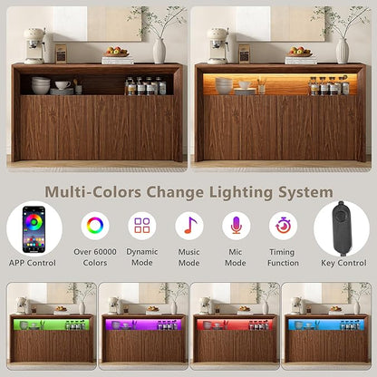 Feonase 66.2" Buffet Cabinet with Storage & Led Lights, Modern Sideboard Cabinet with 4 Doors & Shelves, Fluted Media Console Mid Century, Coffee Bar Table for Living Room Kitchen Dining Room, Walnut