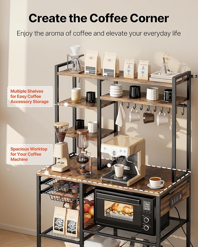 VEVOR Kitchen Bakers Rack with Power Outlets, 35.4x15.7x70.9 Inch Microwave Stand with Built-in Power Strip & 5 Ft Cord, 10 S-Shaped Hooks, for Dish Storage, Spice Jars, Coffee Bar Organization