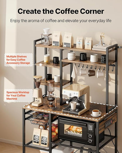 VEVOR Kitchen Bakers Rack with Power Outlets, 35.4x15.7x70.9 Inch Microwave Stand with Built-in Power Strip & 5 Ft Cord, 10 S-Shaped Hooks, for Dish Storage, Spice Jars, Coffee Bar Organization