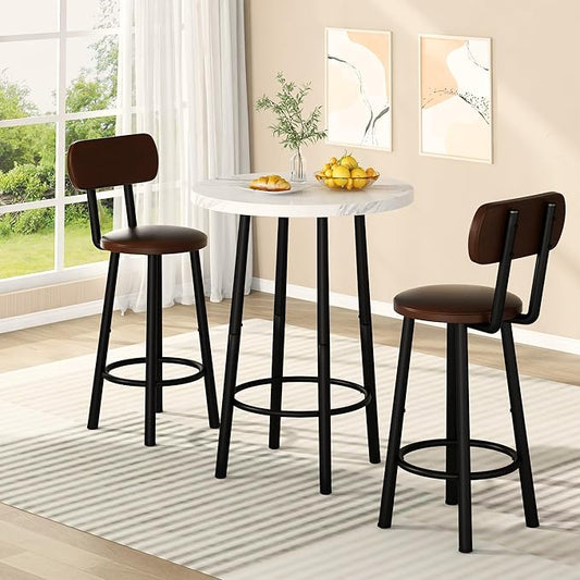 Recaceik Pub Table and Chairs Set of 2, 24" Dining Table Set with 2 PU Leather Upholstered Stools, 3-Piece Round Small Space Kitchen Table Pub Table Set for Apartment Dining Room, Living Room, White