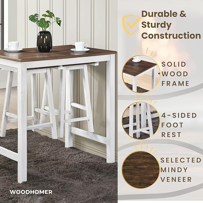 Small Kitchen Island with Seating, Modern Farmhouse 3 Piece Counter Height Dining Set, Solid Wood Counter Bar, Space Saving Breakfast Pub Set for 2, Ideal for Small Home