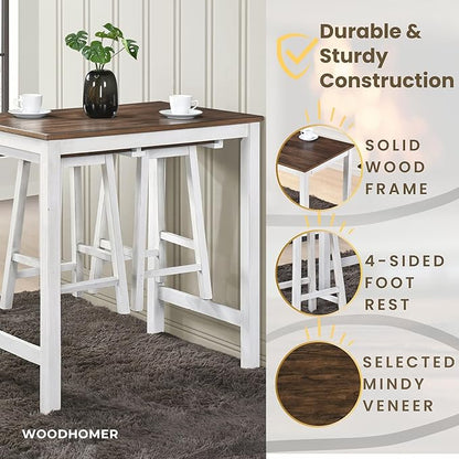 Small Kitchen Island with Seating, Modern Farmhouse 3 Piece Counter Height Dining Set, Solid Wood Counter Bar, Space Saving Breakfast Pub Set for 2, Ideal for Small Home