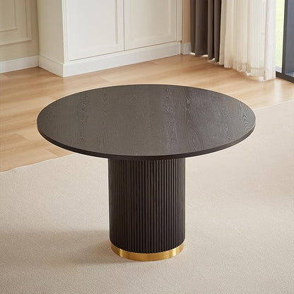 Farmhouse Round Dining Table for 6, 46.46" Luxury One-Piece Solid Wood Dining Table with Gold Stainless Steel Roman Column Pedestal Base, Mid-Century Modern Round Kitchen Table, Black