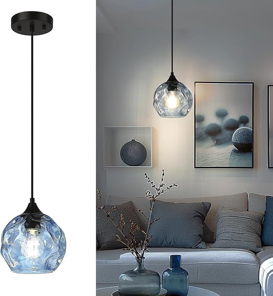 Emliviar 1-Light Pendant Lighting Hammered Glass, Modern Blue Ceiling Hanging Light for Kitchen, DYE287G1-MIL BK