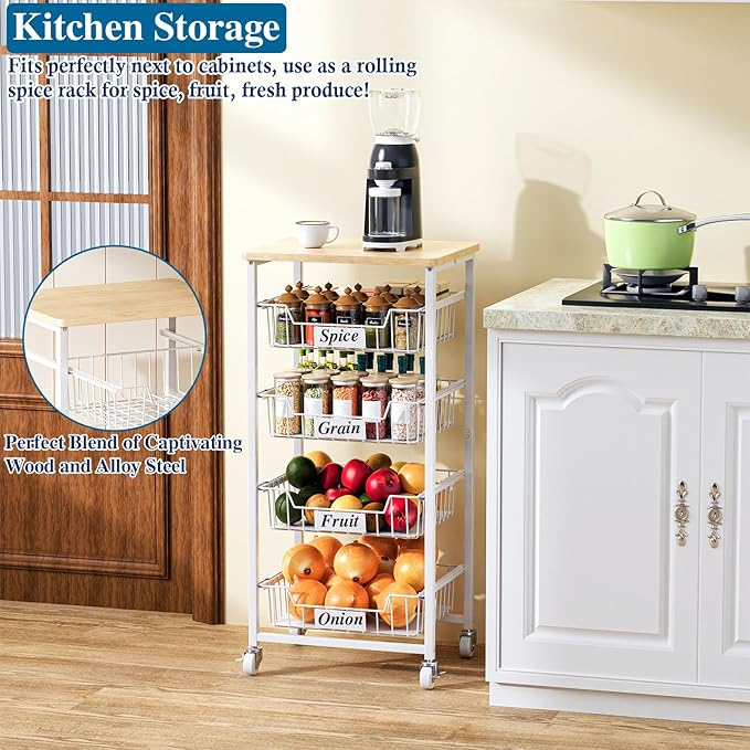 OKZEST 5-Tier Small Kitchen Storage Cart on Wheels with Pull-Out Drawers, Rolling Pantry and Snack Organizer Cart with Wood Top, Kitchen Floor Fruit Basket Stand for Fruit Potato Onion Veggie Snack