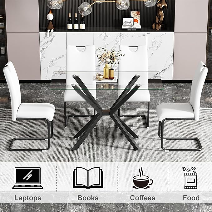 47'' Modern Glass Dining Table for 2-4 People, Rectangular Dining Room Table with Black Metal Legs, Clear Tempered Glass Top Dining Table for 4, Compact Space Dinner Kitchen Table for 4