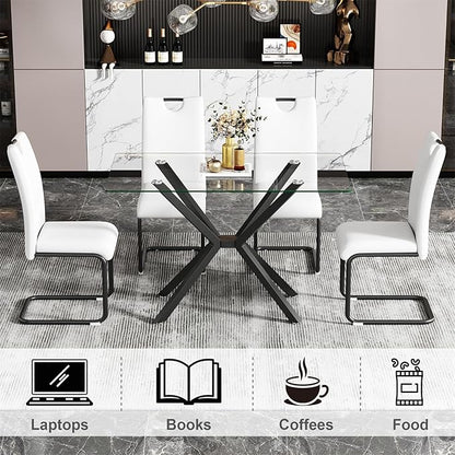 47'' Modern Glass Dining Table for 2-4 People, Rectangular Dining Room Table with Black Metal Legs, Clear Tempered Glass Top Dining Table for 4, Compact Space Dinner Kitchen Table for 4