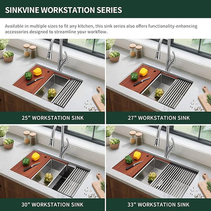 Undermount Kitchen Bar Sink 14 x 19 Inch, SINKVINE Workstation Prep Sink for Outdoor RV, Stainless Steel Single Bowl Basin with Drain Strainer, Bottom Grid, Wood Cutting Board and Roll-up Drying Unit