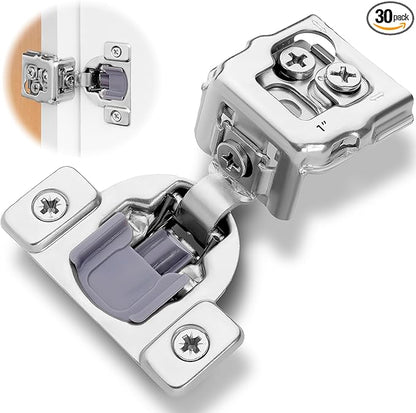 Decobasics 30 Pack Soft Close Cabinet Hinges – 1" Overlay for Kitchen Cabinet Doors, Face Frame Concealed Hidden Hinges – Stainless Steel, Self-Closing with 3-Way Adjustment & Slow Close Damper