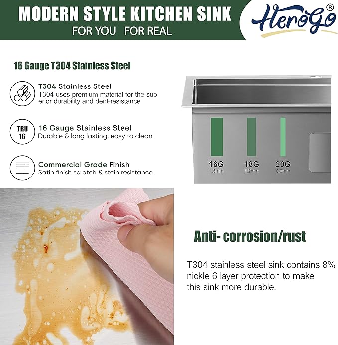 27x18Inch Undermount Kitchen Sink, Herogo Stainless Steel Single Bowl Workstaion Basin,16 Gauge Handmade 10'' Deep Kitchen Sink with Accessories