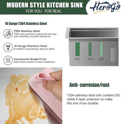 27x18Inch Undermount Kitchen Sink, Herogo Stainless Steel Single Bowl Workstaion Basin,16 Gauge Handmade 10'' Deep Kitchen Sink with Accessories