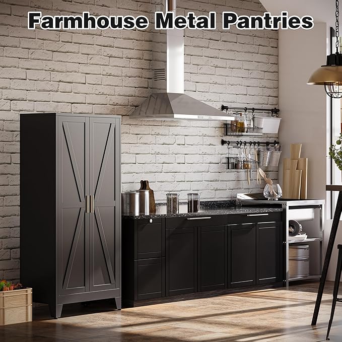 Bevivog 61" Kitchen Pantry Cabinet, Farmhouse Metal Storage Cabinet with 2 Doors and 3 Adjustable Shelves, Metal Pantry Closet Cabinets for Kitchen Bathroom, Home Office, Living Room