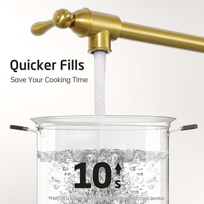 KES Upside Down Pot Filler Faucet with Heat-Resistant Cartridge, 26'' No Lead Vintage Pot Filler Faucet with Double Joint Swing Arm, Wall Mount, 18/8 Stainless Steel, Brushed Gold, KN928S24LF-BZ